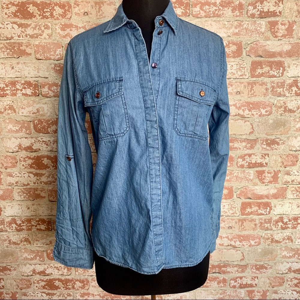 Sanctuary Chambray Shirt Womens Size M Button Front Long Sleeve Blue